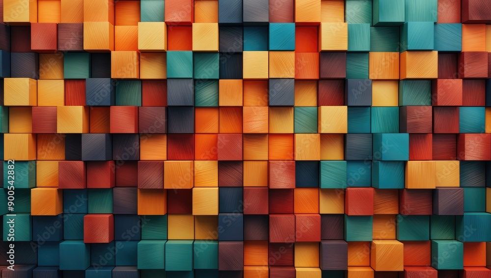 Poster colorful wooden cubes forming abstract color gradient background displaying vibrancy and artistic de