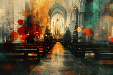 Fototapeta premium Contemporary Art Collage of Christmas Eve Service in Decorated Church