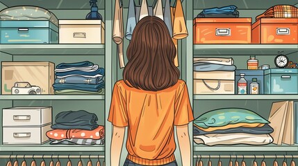 Person organizing a cluttered closet, folding clothes and arranging items. Cartoon illustrations vectors