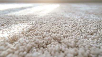 Close up view of plush white carpet with sunlight reflecting
