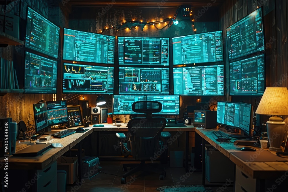 Poster a well lit workspace with multiple monitors displaying code