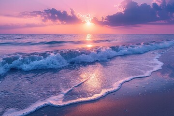A wave crashing on a beach at sunset with pink skies