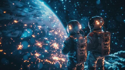 Two astronauts communicating with Earth using glowing 3D holographic technology. The astronauts are floating in space, with Earth visible in the background. The image captures the exchange of