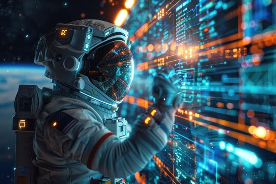An astronaut in a futuristic space suit floating near a space station, using a glowing 3D holographic device to communicate with Earth. The backdrop features the vastness of space and a distant view