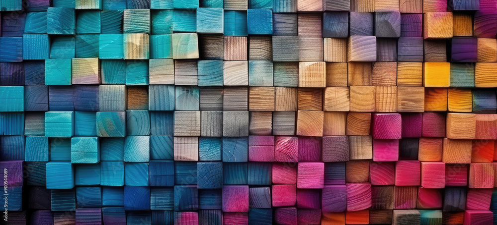 Poster colorful wooden cubes forming abstract color gradient background displaying vibrancy and artistic de