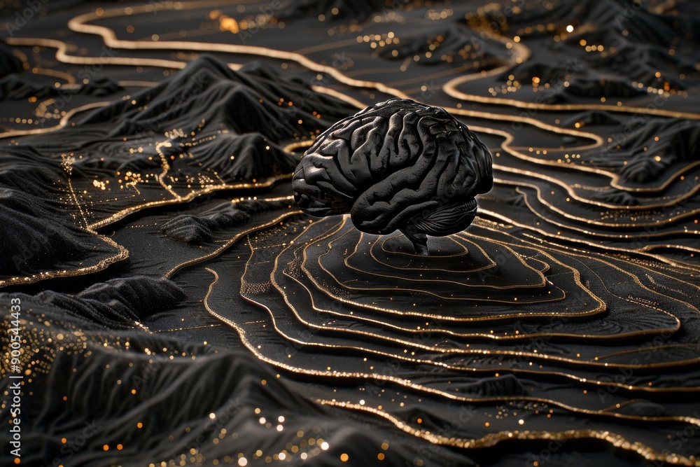 Poster black brain model on intricate gold pattern background highlighting neural technology and luxury
