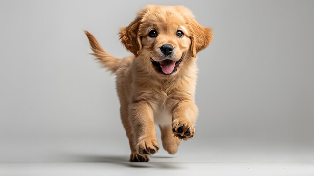 Golden retriever puppy, pure white background, playful stance, mid-stride, wagging tail, adorable expression, soft fur, floppy ears, studio photography, high-key lighting.
