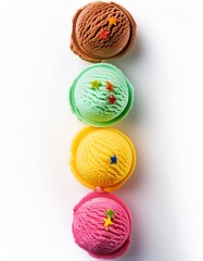 Fototapeta premium Row of colorful ice cream scoops with decorations, shot from above, isolated on white background