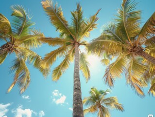 Looking up at tall palm trees with a bright blue sky