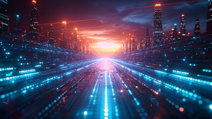 Obraz premium High-tech digital grid, blue light beams, horizon perspective, futuristic landscape, glowing lines converging to a central point, abstract technology background.