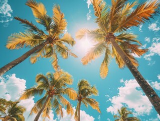 Sunlit palm trees against a bright blue sky with scattered clouds