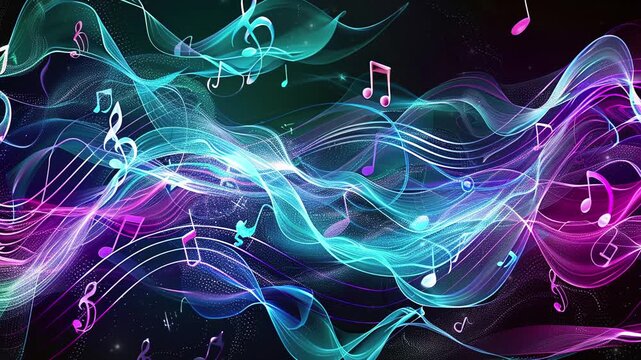 International Strange Music Day. World Music Day. Abstract colorful music note and treble clef symbol. Musical note background. musical Note with waves of light and sound. Copy space area for text. 4K