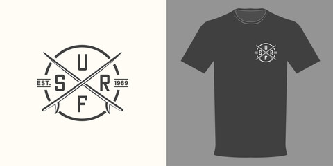 ector illustration. T-shirt with SURFING logo, Surfing club badge. Longboards crossed in a circle. Original Athletic Department. Typographic print