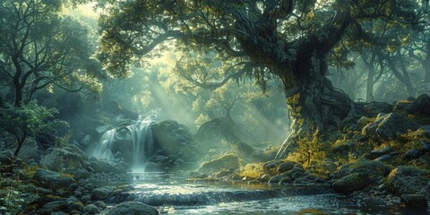 Obraz premium Enchanting Woodland Waterfall Oasis in Misty Forest