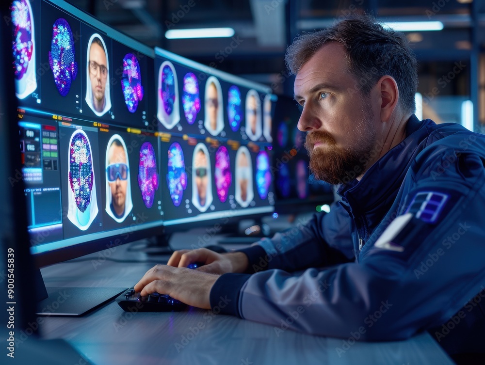 Poster efficient manager analyzing time attendance data via facial recognition on computer screen