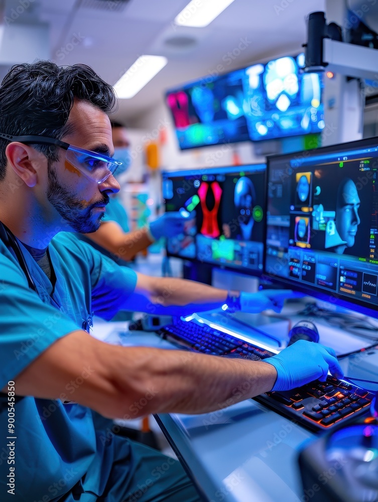 Poster technological advancements: technician updating facial recognition scanner for optimal performance