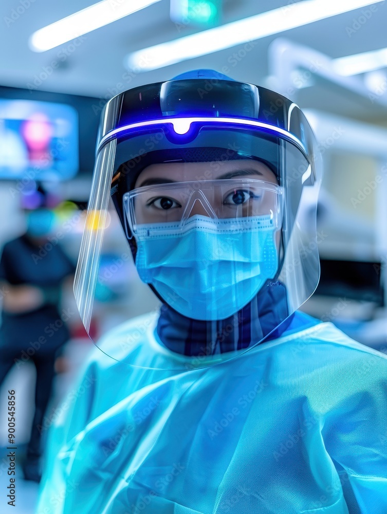 Poster modern technician updating software of facial recognition scanner for optimal performance