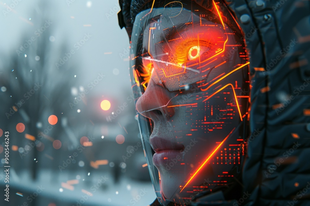 Poster cyborg with red lit eye and futuristic neural interface in high tech environment