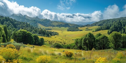 Breathtaking Panoramic View of a Lush Mountain Valley Landscape