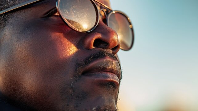 A man wearing sunglasses engages in thoughtful reflection, promoting blind awareness