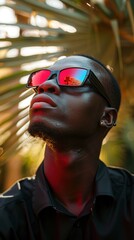 A young man wearing sunglasses gazes upward in a sunlit outdoor setting