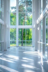 Modern hallway with large windows and sunlight