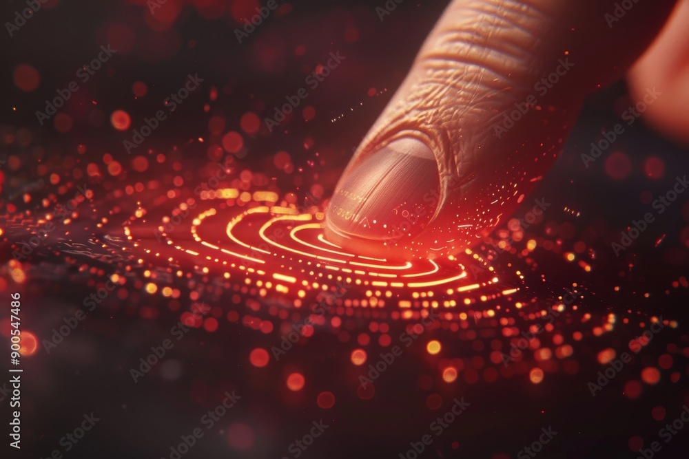 Poster finger touching glowing red digital interface in high tech environment