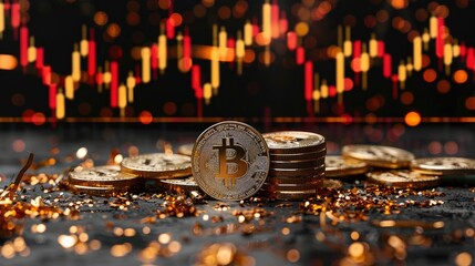 Bitcoin Cryptocurrency Coins with Stock Market Chart in Background