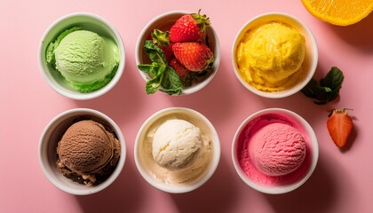 Set of bowls with various colorful Ice Cream scoops with different flavors and fresh ingredients on pink background, top view