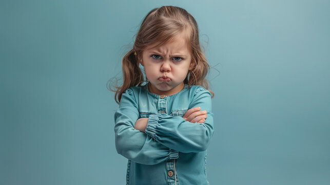 Angry little girl, with arms folded, staring at the camera with an angry expression on her face.
