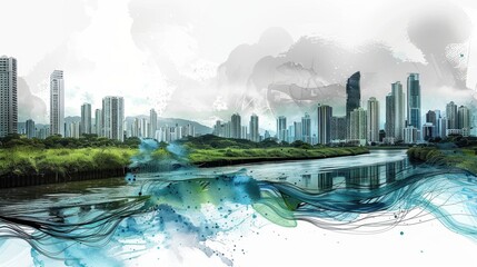 Contemporary Art Collage of Panama City Skyline and Panama Canal

