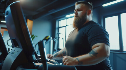 Fototapeta premium An overweight man with a beard runs on a treadmill in a gym, doing an indoor cardio workout. He focuses on losing weight, improving his figure and leading a healthy lifestyle.