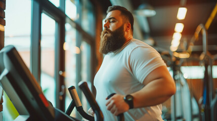 An overweight man with a beard runs on a treadmill in a gym, doing an indoor cardio workout. He focuses on losing weight, improving his figure and leading a healthy lifestyle.