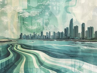 Contemporary Art Collage of Panama City Skyline and Panama Canal

