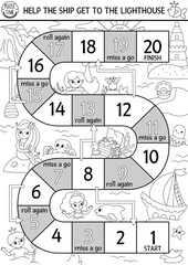 Mermaid black and white dice board game for children with sea princess. Marine line boardgame coloring page with lagoon landscape.  Fairytale printable activity. Help ship get to lighthouse