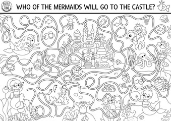 Mermaid black and white maze with sea bed landscape, princess, castle. Marine preschool printable activity. Ocean kingdom labyrinth game, coloring page. Worksheet with treasure chest