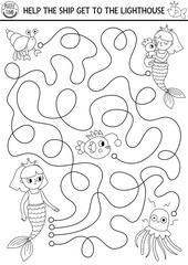 Mermaid black and white maze for kids with seahorse, crab, fish, jellyfish. Marine printable activity. Fairytale ocean kingdom labyrinth game, coloring page. Worksheet with sea princess, pet