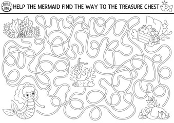 Mermaid black and white maze for kids with treasure chest, anchor. Marine preschool printable activity. Ocean kingdom labyrinth game, coloring page. Worksheet with sea princess