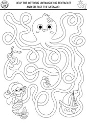 Mermaid black and white maze for kids shaped as octopus tentacles with ship. Marine printable activity. Fairytale ocean kingdom labyrinth game, coloring page. Worksheet with sea princess