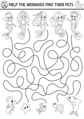 Mermaid black and white maze for kids with their pet animals. Marine line printable activity. Fairytale ocean kingdom labyrinth game, coloring page. Water life worksheet with sea princess, dolphin