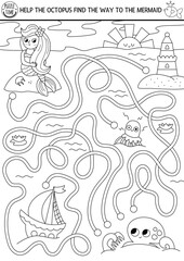 Mermaid black and white maze for kids with lagoon landscape. Marine printable activity. Ocean kingdom labyrinth game, coloring page. Line worksheet with octopus, sea princess