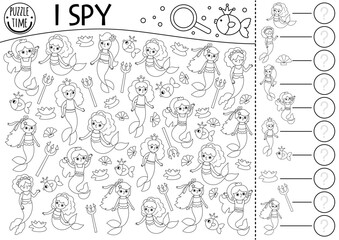 Mermaid black and white I spy game for kids. Searching, counting line activity with trident, seashell, fish. Fairytale ocean kingdom printable worksheet. Marine spotting puzzle, coloring page