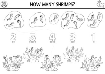 Match the numbers mermaid black and white game with shrimps in seaweeds. Ocean kingdom math activity or coloring page. Marine line educational counting worksheet with sea animals