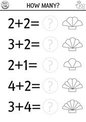 How many seashell black and white game with cute shells. Fairytale ocean kingdom or summer beach math addition activity or coloring page. Marine printable counting line worksheet for kids