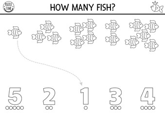 Simple match the numbers mermaid game with colored fish. Black and white fairytale ocean kingdom math activity or coloring page. Marine line educational counting worksheet with sea animals