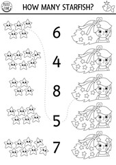 Match the numbers black and white mermaid game with princess and starfish in hair. Fairytale ocean kingdom math activity for kids. Marine line educational counting worksheet, coloring page