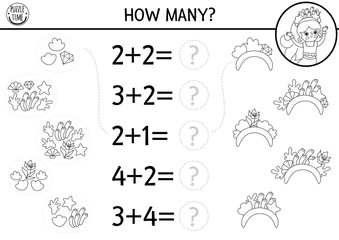 Match the numbers black and white mermaid game with headband, seaweeds, shells. Ocean kingdom math activity, coloring page. Marine educational counting line worksheet with sea princess