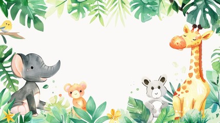Obraz premium Cute watercolor frame with adorable animals and vibrant plants, offering a whimsical backdrop for your message.