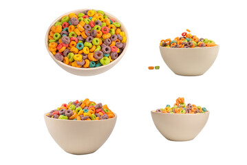 Colorful rings cereal spill out into a bowl. Breakfast. Isolated.