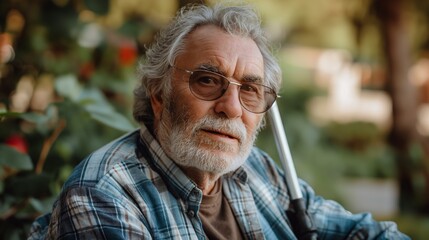 An elderly visually impaired man enjoying the tranquility of a park surrounded by greenery